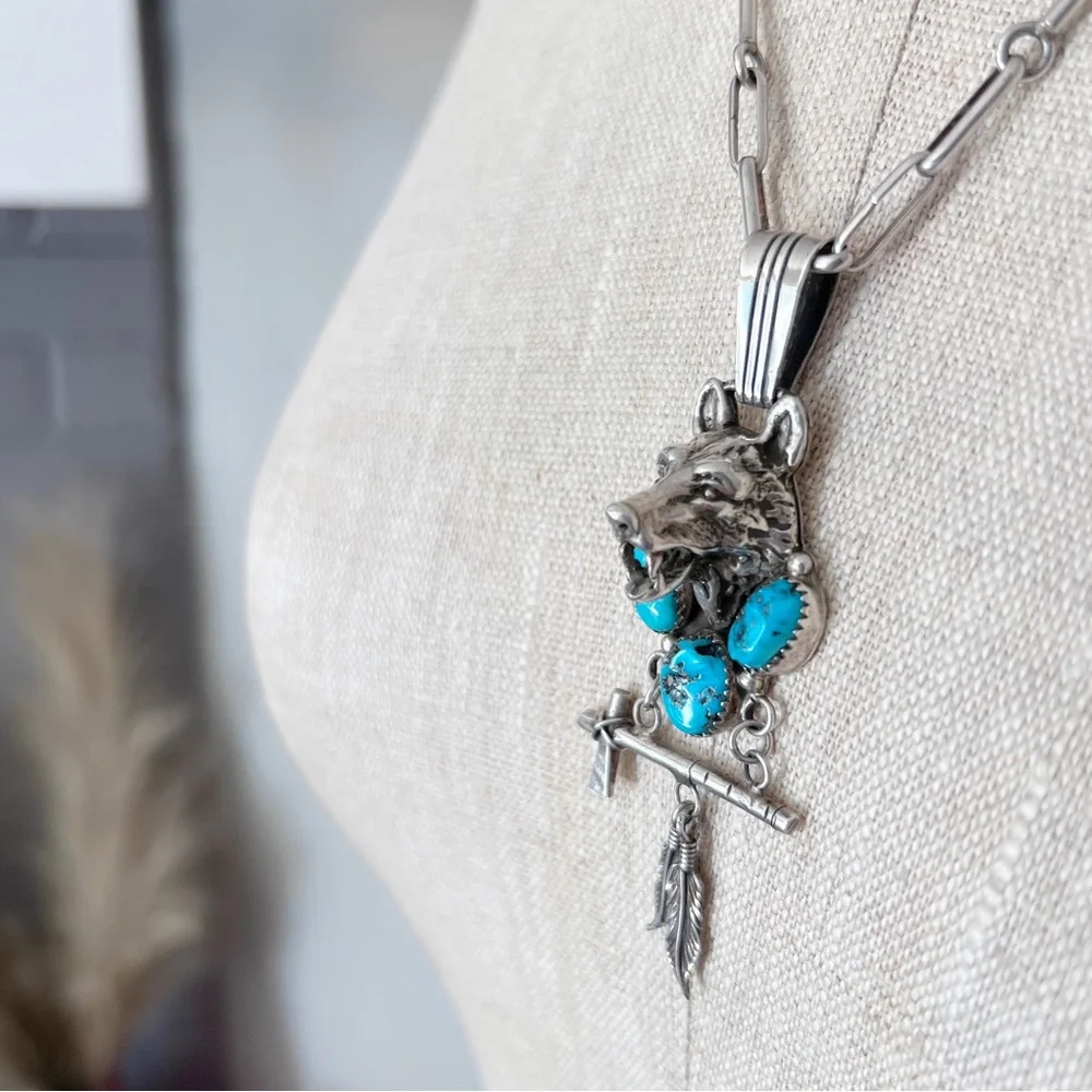 NATIVE Wolf Turquoise Sterling Silver Vintage Necklace Robert Begay Southwestern
